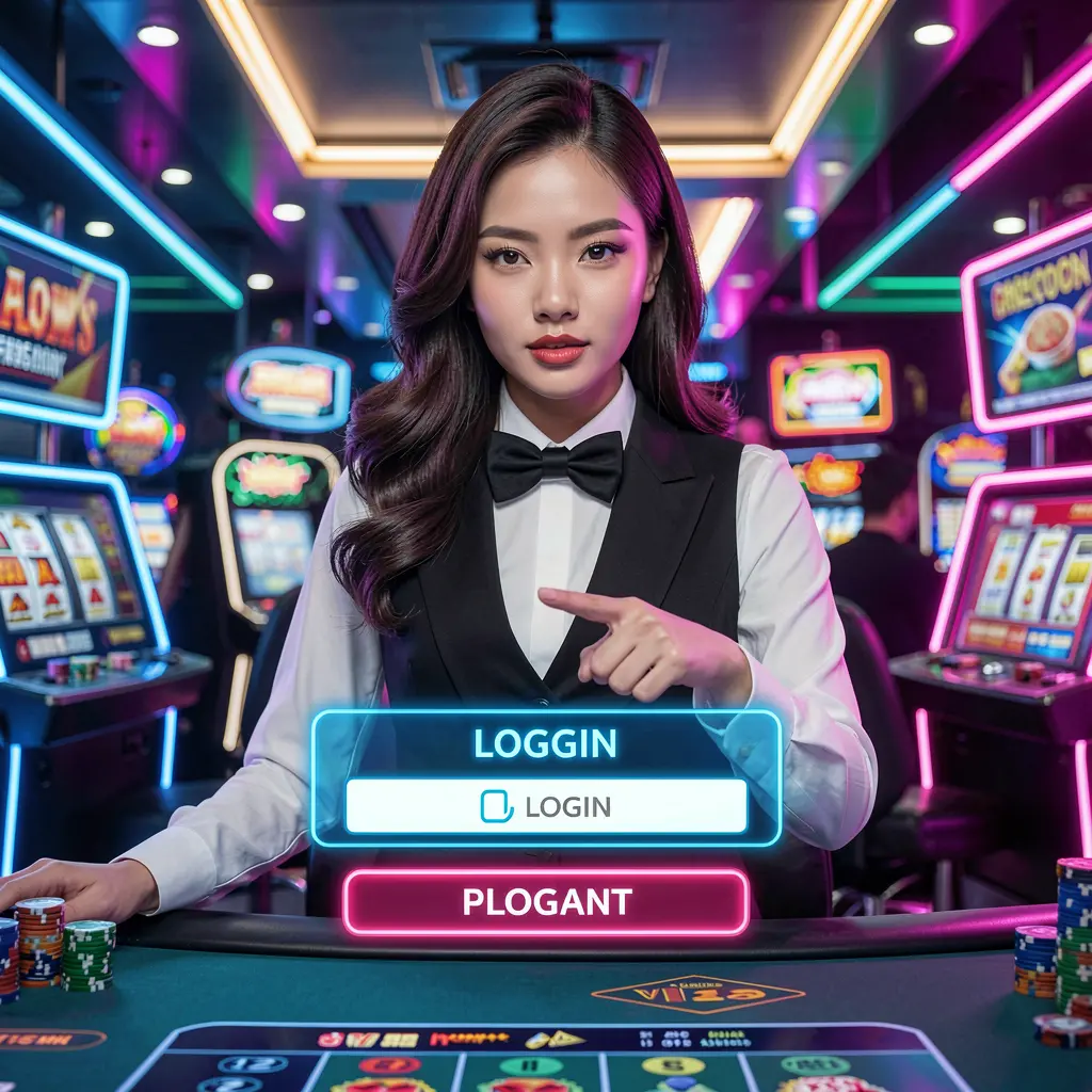 Confident PALDOCROWN casino representative pointing at a glowing digital login button symbolizing secure access for players in the Philippines